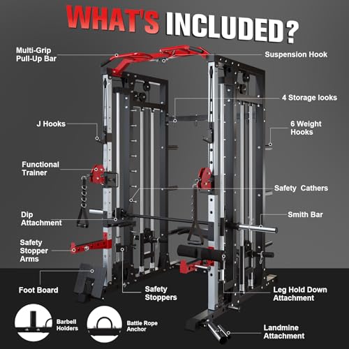 Smith Machine - 2200lbs Squat Rack Home Gym with LAT-Pull Down System & Cable Crossover Machine - Training Equipment with Leg Hold-Down Attachment