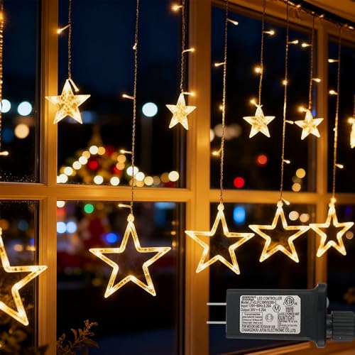 12 Stars 138 LED Fairy Tale Lights Star String Lights Star Curtain Lights with Timer 8 Mode Memory Function, Hangable, Suitable for Christmas, Wedding, Party, Home Decoration, Warm White