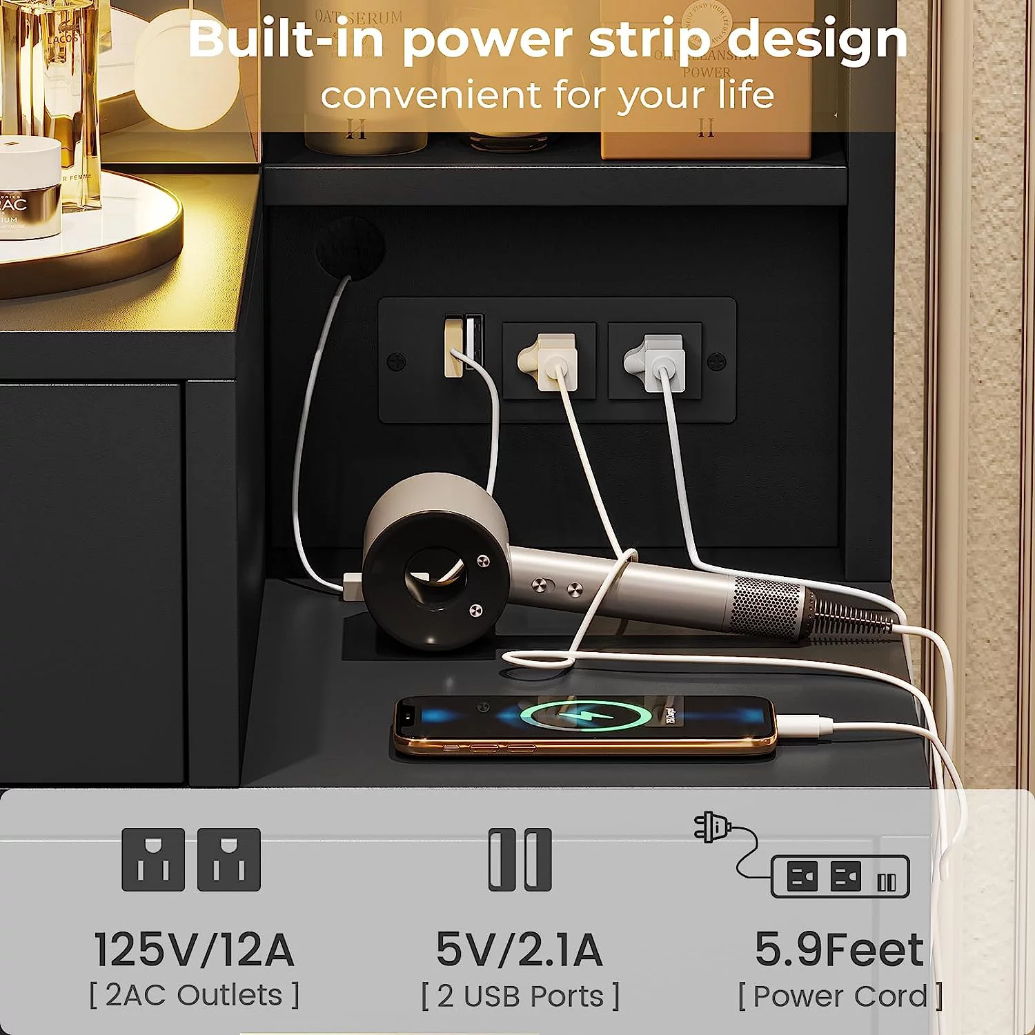 Vanity Table with Charging Station, Modern Dressing Table with 5 Drawers, Black