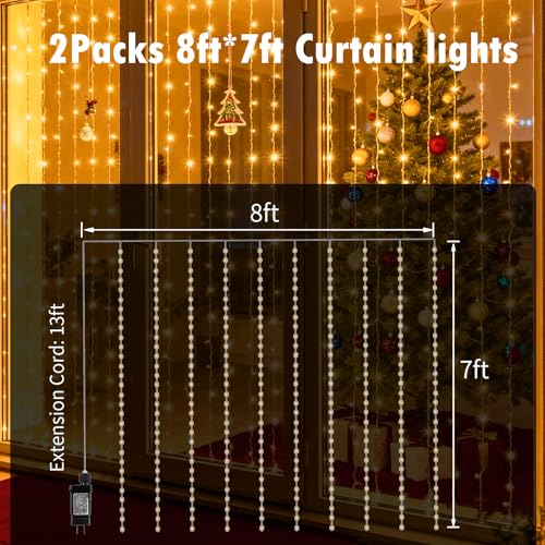 2 Packs LED Curtain String Lights 8FT * 7FT Plug in Waterproof Window Fairy Lights with 210 LEDs, Twinkle Indoor String Light for Bedroom Wedding Party Outdoor Christmas Decor, Warm White