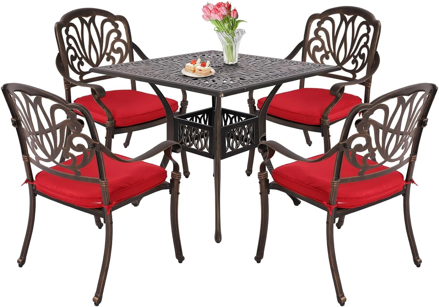 Haverchair 5 Piece Cast Aluminum Patio Dining Set Outdoor Furniture Set Patio Garden Set with 4 Dining Chairs with Red Cushion, 1 Patio Square Table, 2.2