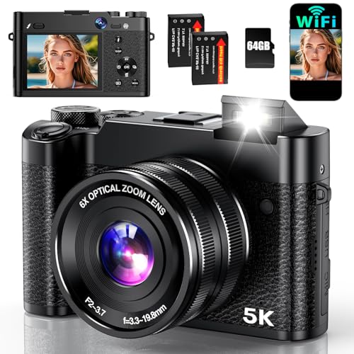 5K Digital Camera, 64MP Cameras for Photography with 6X Optical Zoom & Autofocus, WiFi Vlogging Camera for YouTube Video, Dual-Lens, 2 Batteries, 64GB Card & Flash, Best Cameras for Content Creators