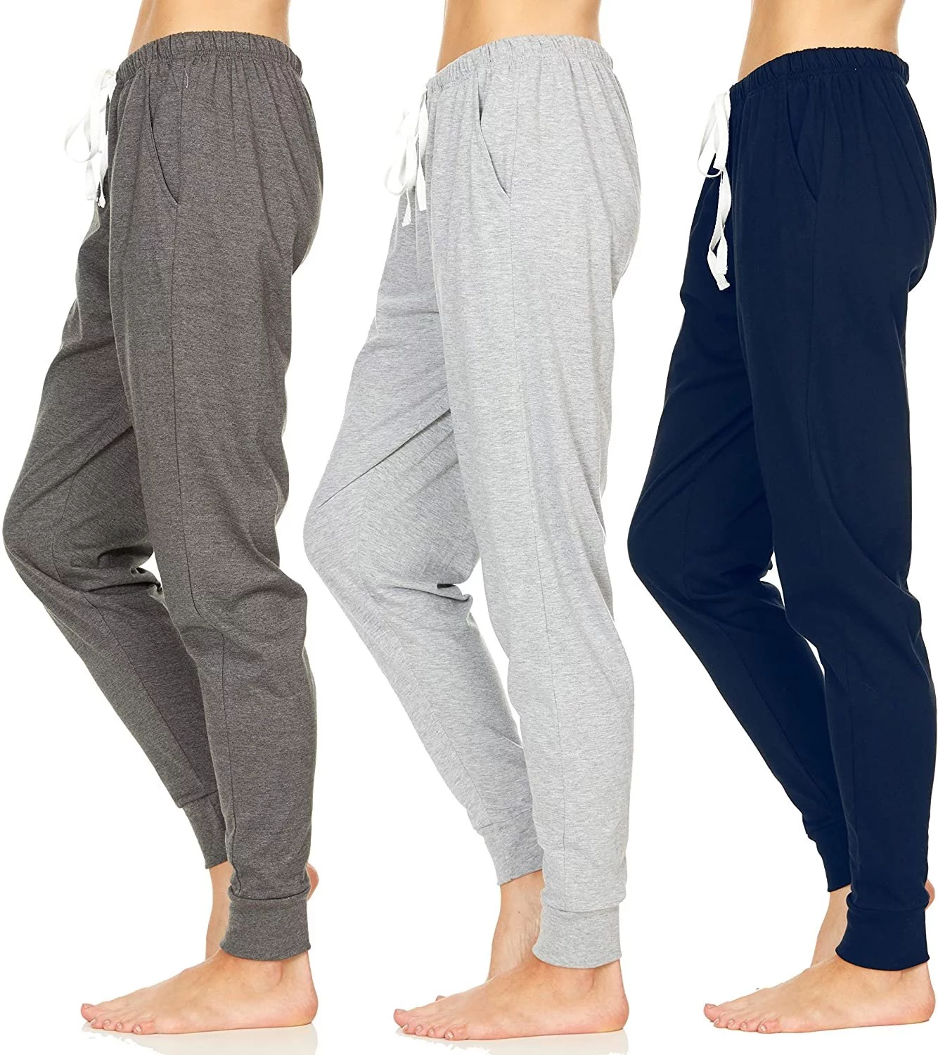 Essential Elements 3 Pack: Women's 100% Cotton Jersey Lightweight Lounge Casual Sleep Pajama Jogger Pants Small, Set E