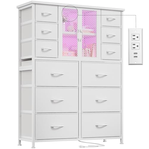 EnHomee Tall Dresser for Bedroom with Charging Station & LED & Mesh Door, 12 Fabric Drawer Dressers & Chests of Drawers, Wooden Top, Metal Frame, Black, 11.8