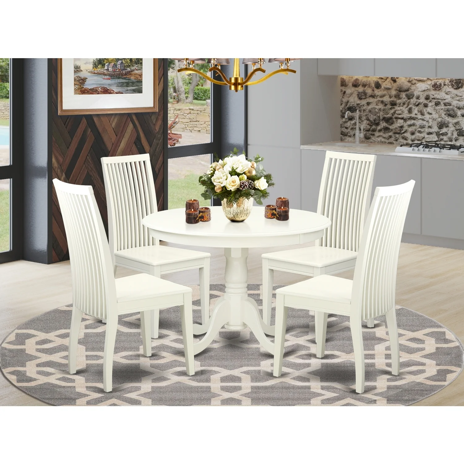 HomeStock Mountain Lodge 5-Piece Hartland Set With One Dining Table And Four Wood Seat Dinette Chairs In A Beautiful Linen White Finish.