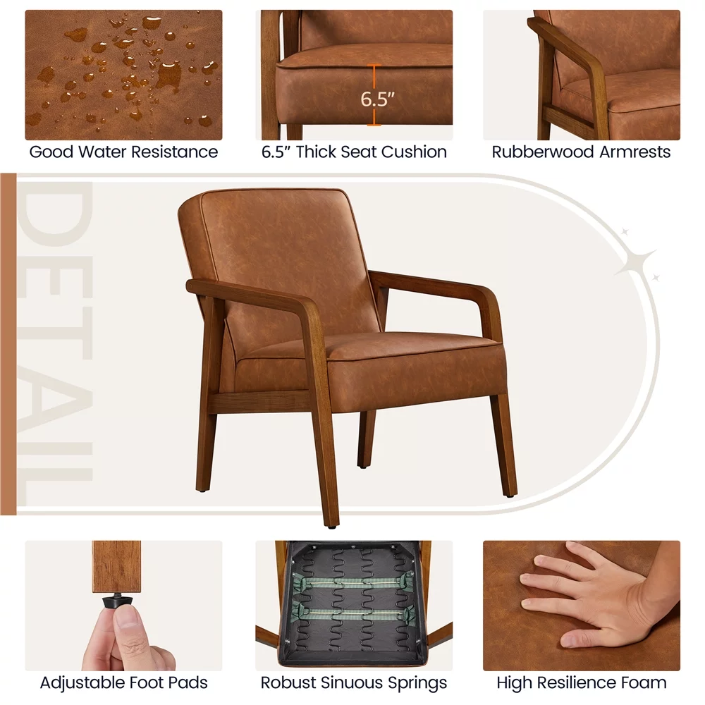 Easyfashion Mid-Century Modern Upholstered Faux Leather Armchair, Light Brown