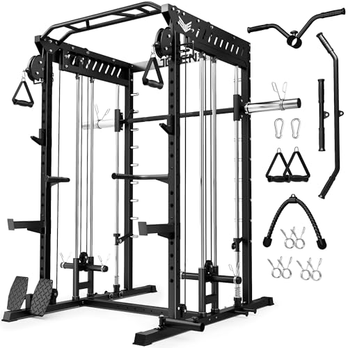 M21 Smith Machine, Multi-Function Power Cage with Dual Pulley Cable Crossover System, 2000LBS All-in-One Squat Rack with Smith Bar and Attachments