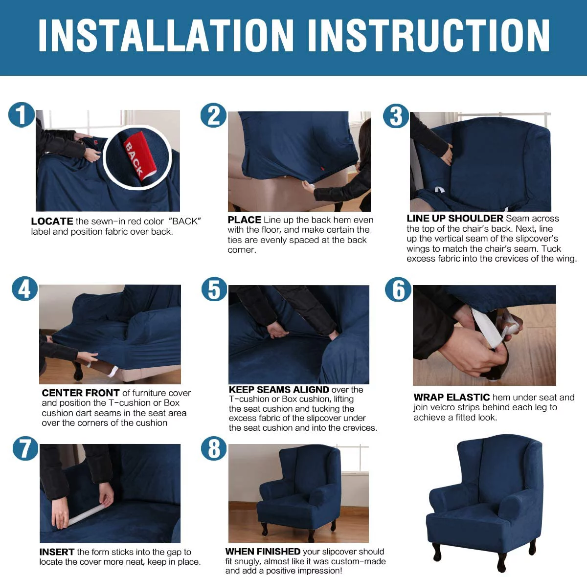 Enova Home Super Stretch Velvet Slip Resistant Stylish Wingback Chair Slipcover with Elastic Bottom (Dark Blue)