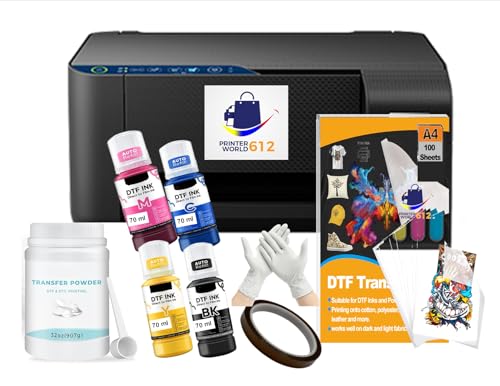 Super-Tank DTF T-Shirt Printer with DTF Ink and Powder Pack for Heat Transfers, Easy Filling, Built-in Scanner and Copier - New, Medium DTF Conversion Printer