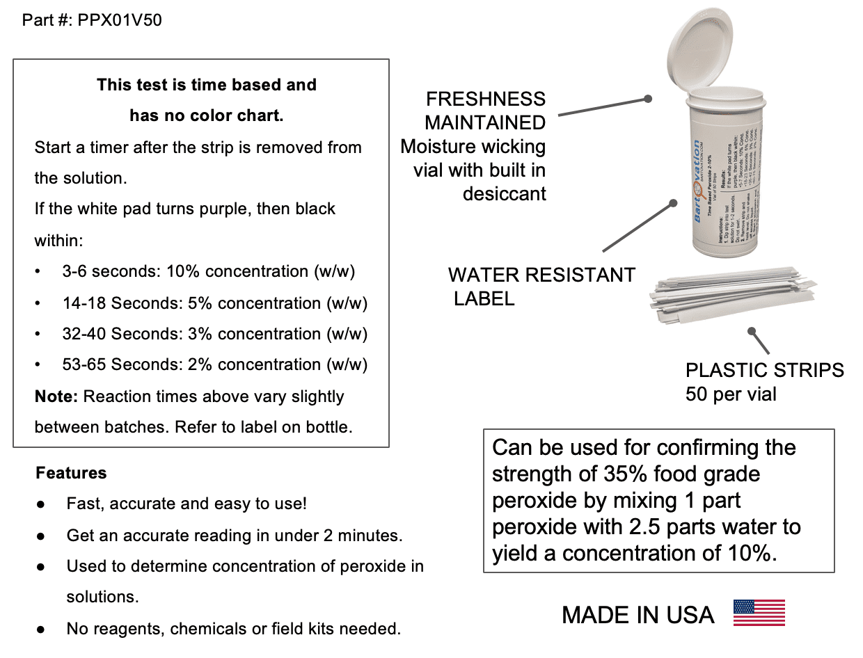 Very High Level Hydrogen Peroxide H2O2 Test Strips, 2-10%, Time Based Test [Vial of 50 Strips]