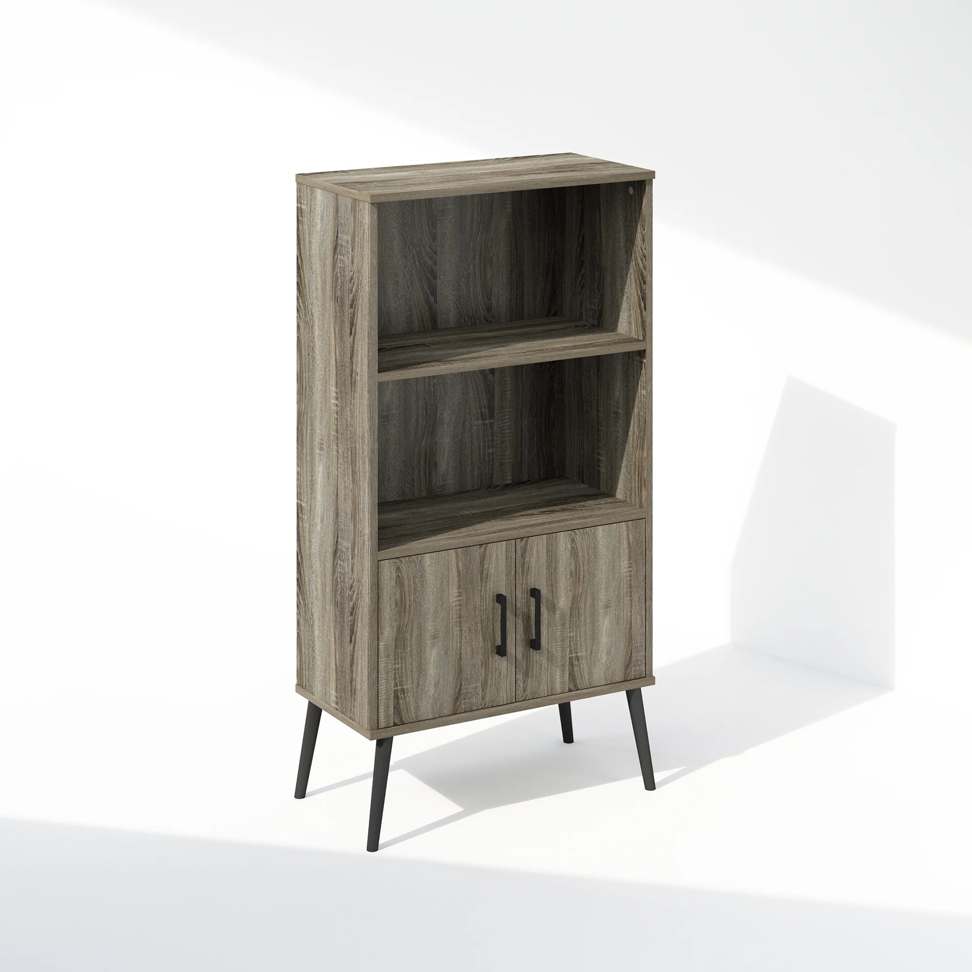 Furinno Mid-Century Open Display Shelves & Storage Cabinet with Wooden Legs, French Oak Grey
