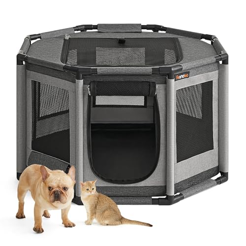 Feandrea Dog Playpen, Oxford Fabric Dog Fence, Octagon Dog Crate, L, 44.1 x 44.1 x 24.4 Inches, PVC Pipe Frame, Breathable Mesh, Double Openings, Dove Gray and Slate Gray UPDC003G01
