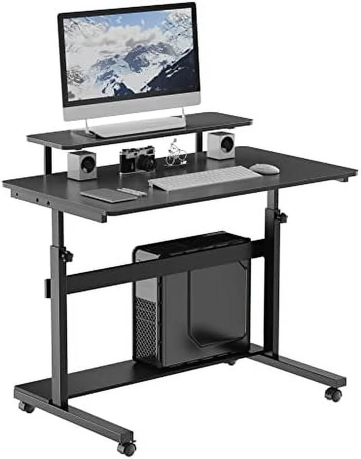 Mobile Height Adjustable Standing Desk 41 Inch Rolling Stand Up Computer Workstation with Monitor Shelf  Portable  Office Desk with Wheels CPU Stand & Detachable Hutch  Black