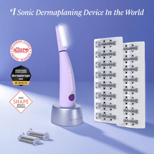Michael Todd Beauty Sonicsmooth Pro+ Dermaplane Razor for Women Face + Eyebrow trimmer Dermaplaning System w/LED Light Peach Fuzz Remover -16 Dermaplaning Blades & 2 Microsmooth Exfoliation Tips