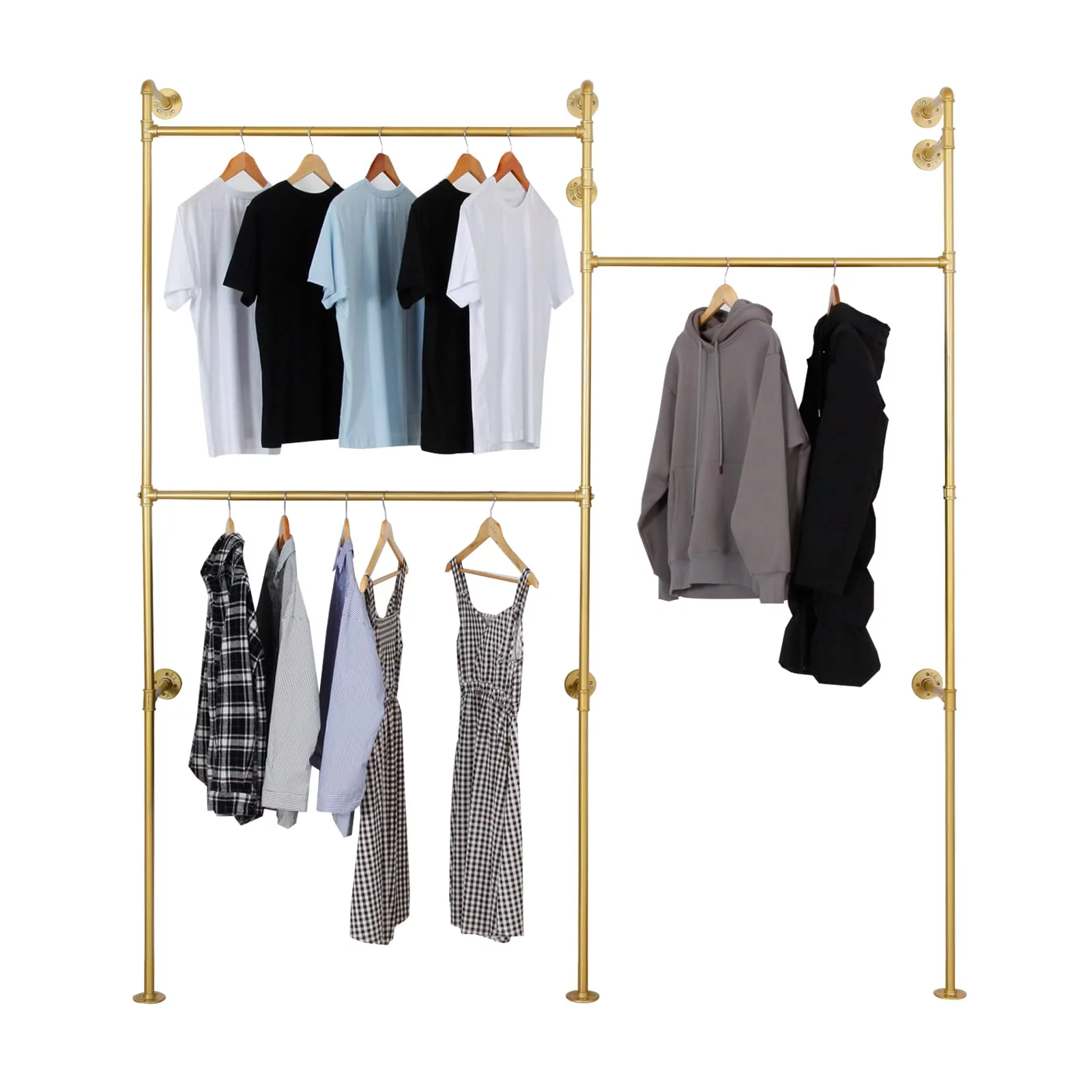 SSS Furniture Modern Simple Industrial Pipe Double Hanging Rods Clothing Rack, Clothes Rack Wall Mounted Heavy Duty Hanging Clothes Rack, Detachable Garment Bar 93.3X82.7inch (Gold)