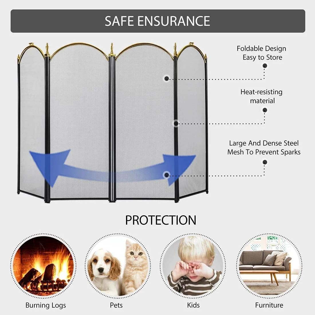 VIVOHOME 4 Panel 51.5 x 32 Inch Fireplace Screen Mesh, Wrought Iron , Black