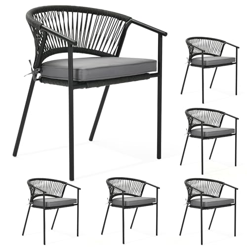YITAHOME Outdoor Patio Chairs Set of 6, Stackable Dining Chairs Rattan Wicker Outdoor Patio Furniture Set with Cushion All Weather Bistro Chair for Garden Backyard Porch Poolside (Grey)