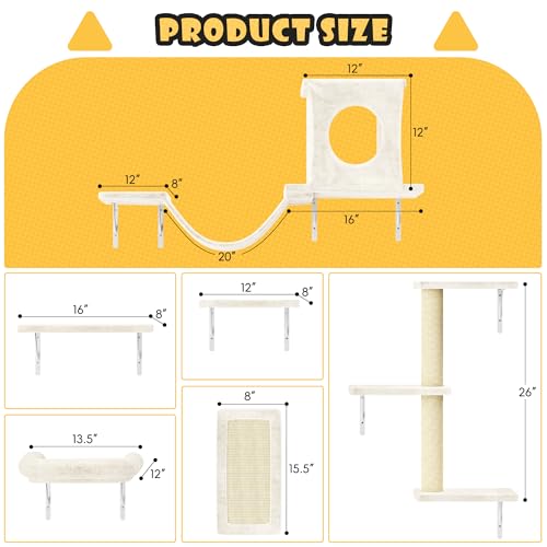 NUNU LAB Wall Mounted Cat Furniture, 7 Pcs Cat Wall Shelves with House, Tunnel, Bridge, Steps, Scratcher, Hammock, Bed, Indoor Safe & Stable Furniture for Kittens Play, Gray
