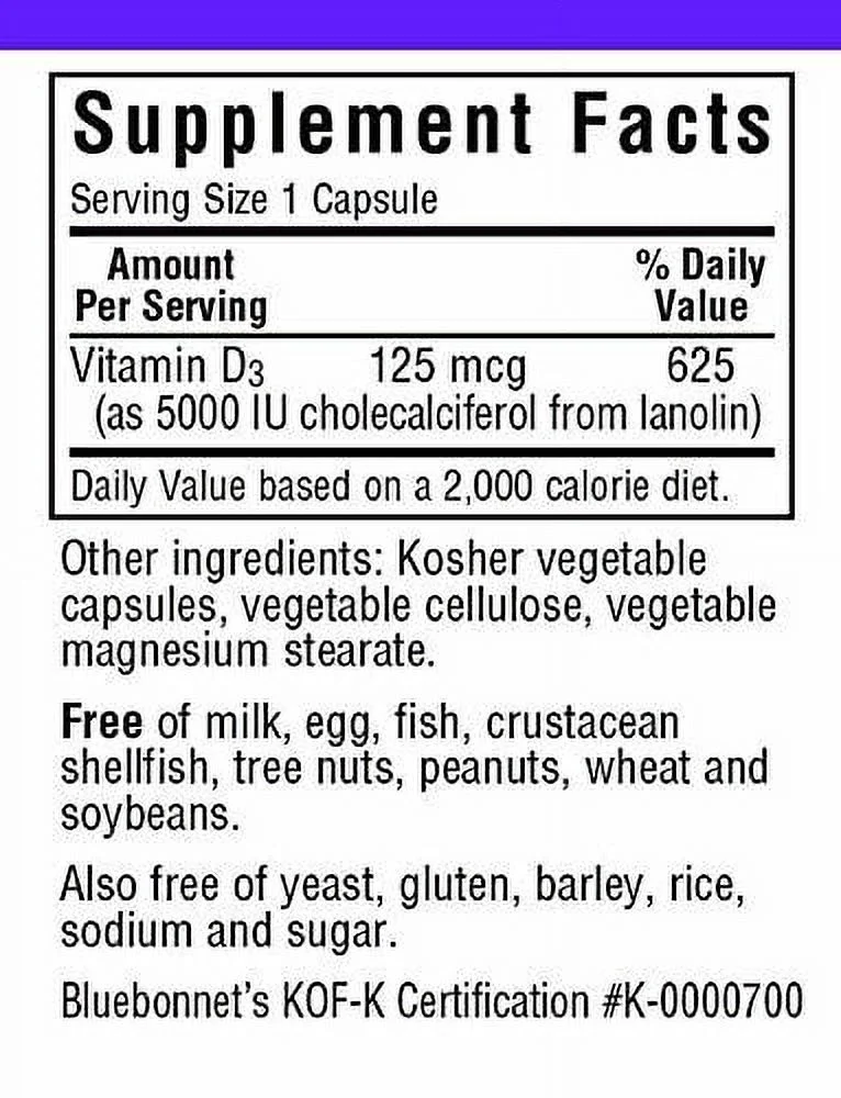 Vitamin D3 5000 IU Vegetable Capsules, 120 Count