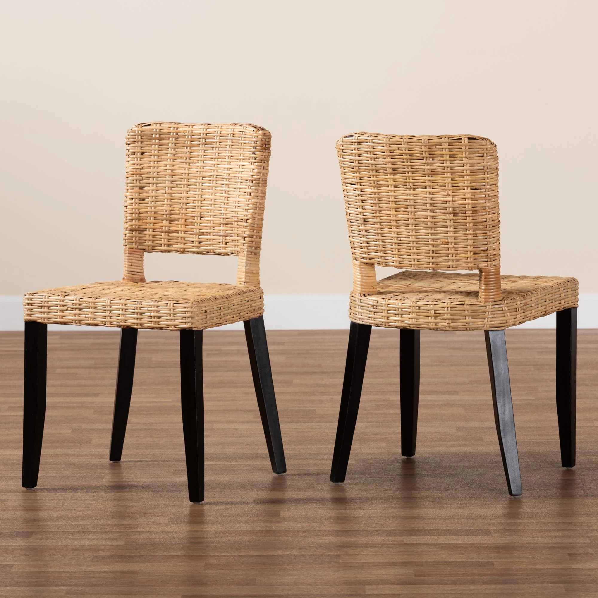 Baxton Studio Dermot Modern Bohemian Dark Brown Finished Wood and Natural Rattan 2-Piece Dining Chair Set