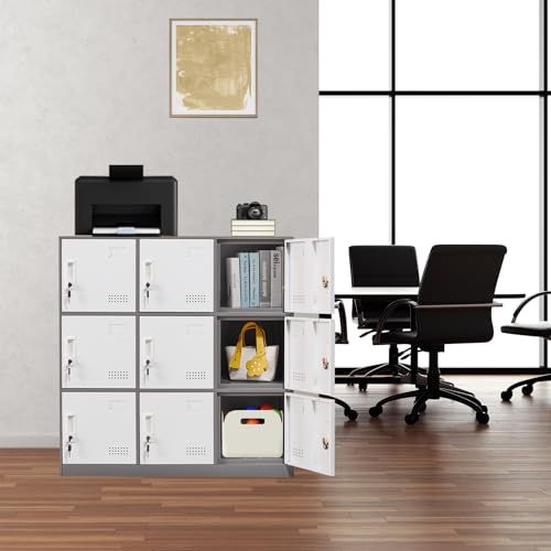 Student Locker Organizer, Multi-Door Steel Locker, Small Locking Cabinet Storage Organizer, Office File Cabinet, Home Locker, Gym Locker, Metal Storage Locker (9 Door, Grey & White)