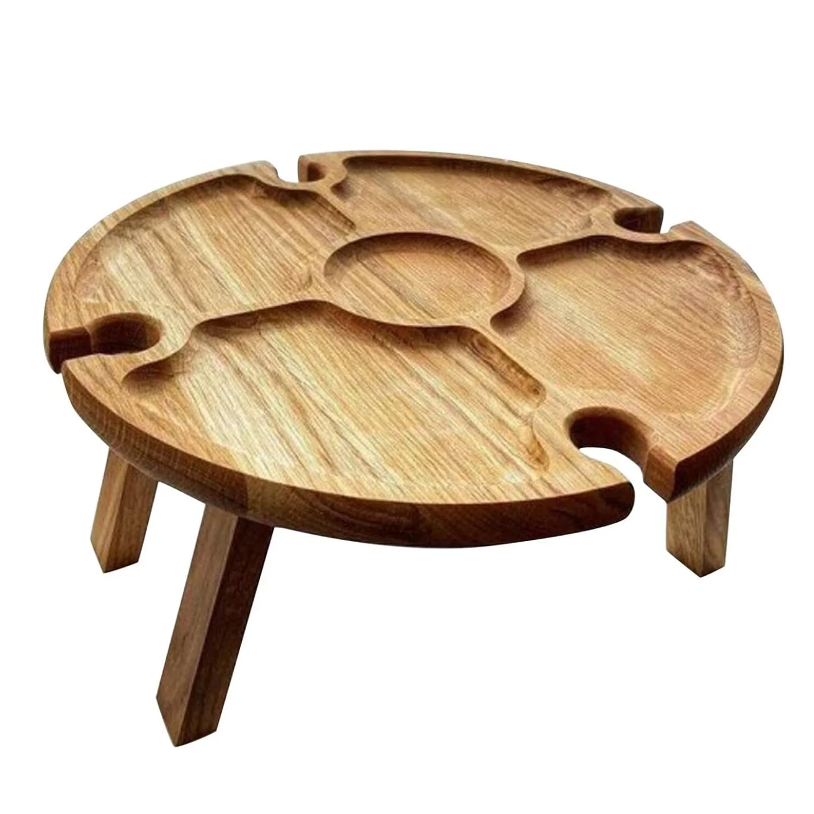 Wooden Collapsible Table with Grooves for Goblets, Round Shape Folding Table for Picnic/ Camping