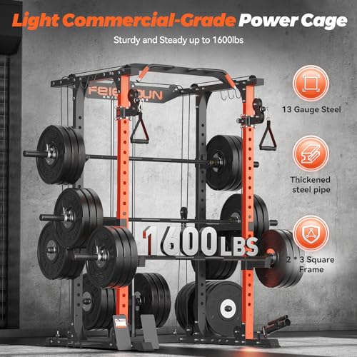 FEIERDUN Multi-Function Squat Rack Power Cage FLA01,2000LBS Capacity Power Rack with Adjustable Cable Crossover System and Additional Attachments, Ideal Weight Cage for Home Gym & Garage Workouts