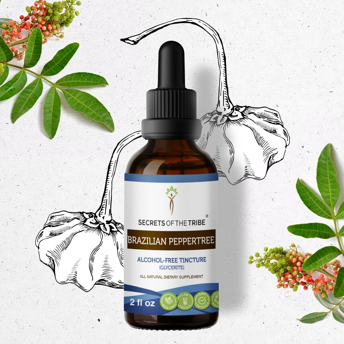 Brazilian Peppertree Tincture Alcohol-FREE Extract, Organic Schinus terebinthifolius Strong Tonic Effect 2 oz