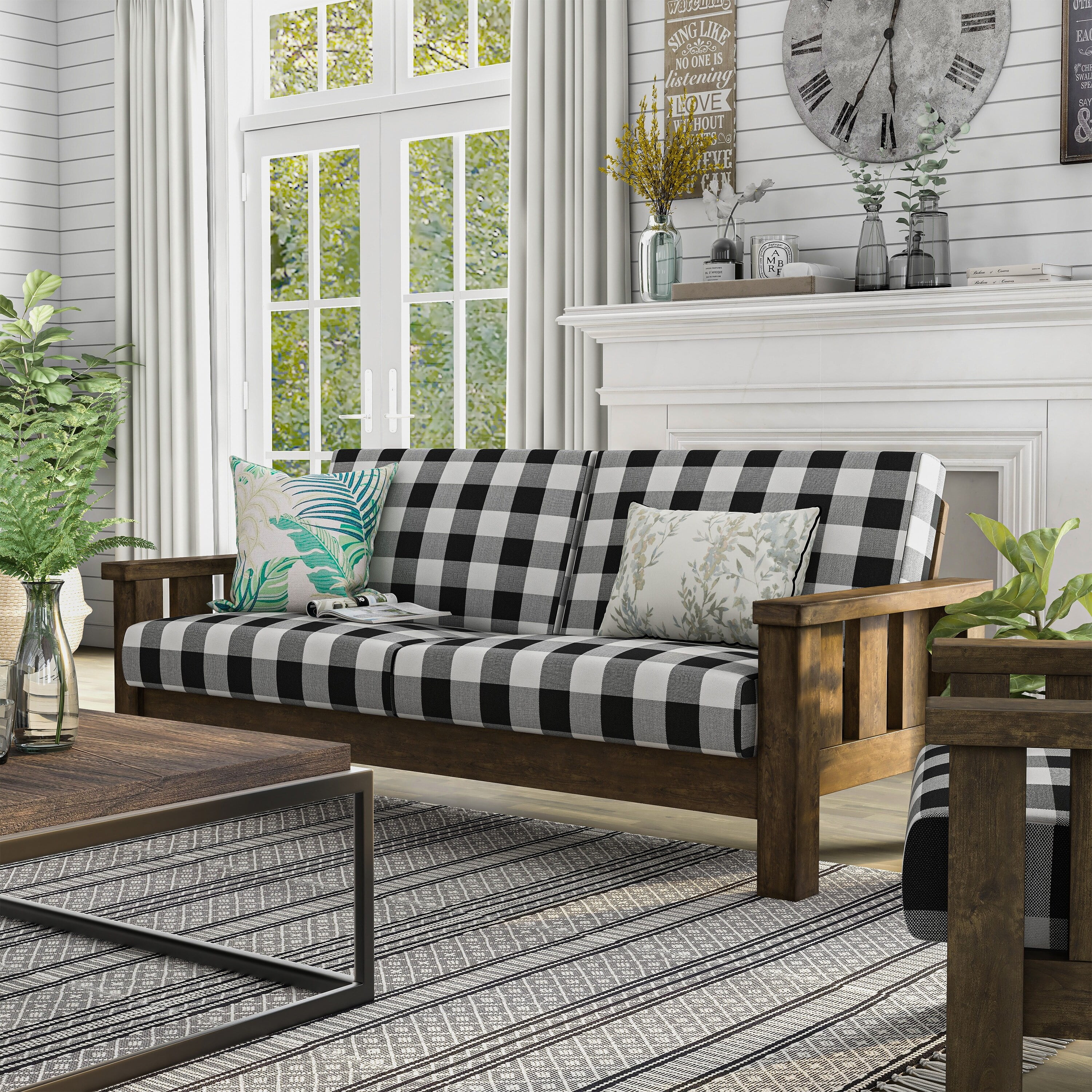 Furniture of America Jimo Farmhouse Black and White Fabric Upholstered Wooden Arms Sofa by