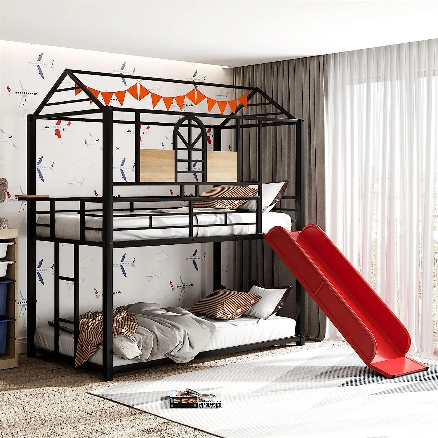 sell well Twin Over Twin Low Metal Bunk Bed with Red Slide  Black House Floor Bed Frame for Girls Boys  Teen  Adult Small Space Family  Each Bed Weight Capability  250+lb