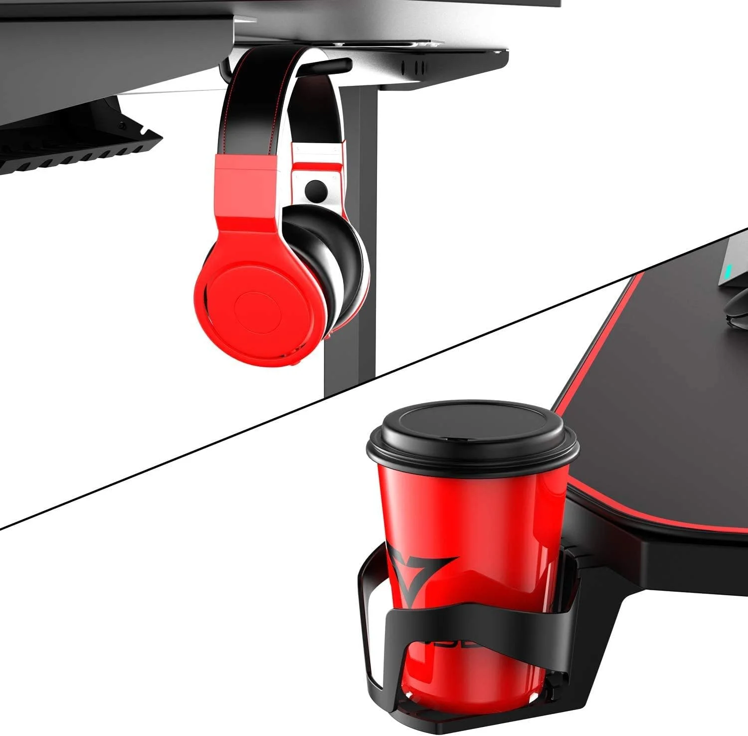 Waleaf Ergonomic Gaming Desk 55 Inch, T Shaped Office PC Computer Desk with Full Desk Mouse Pad, Gamer Tables with Gaming Handle Rack, Cup Holder Headphone Hook
