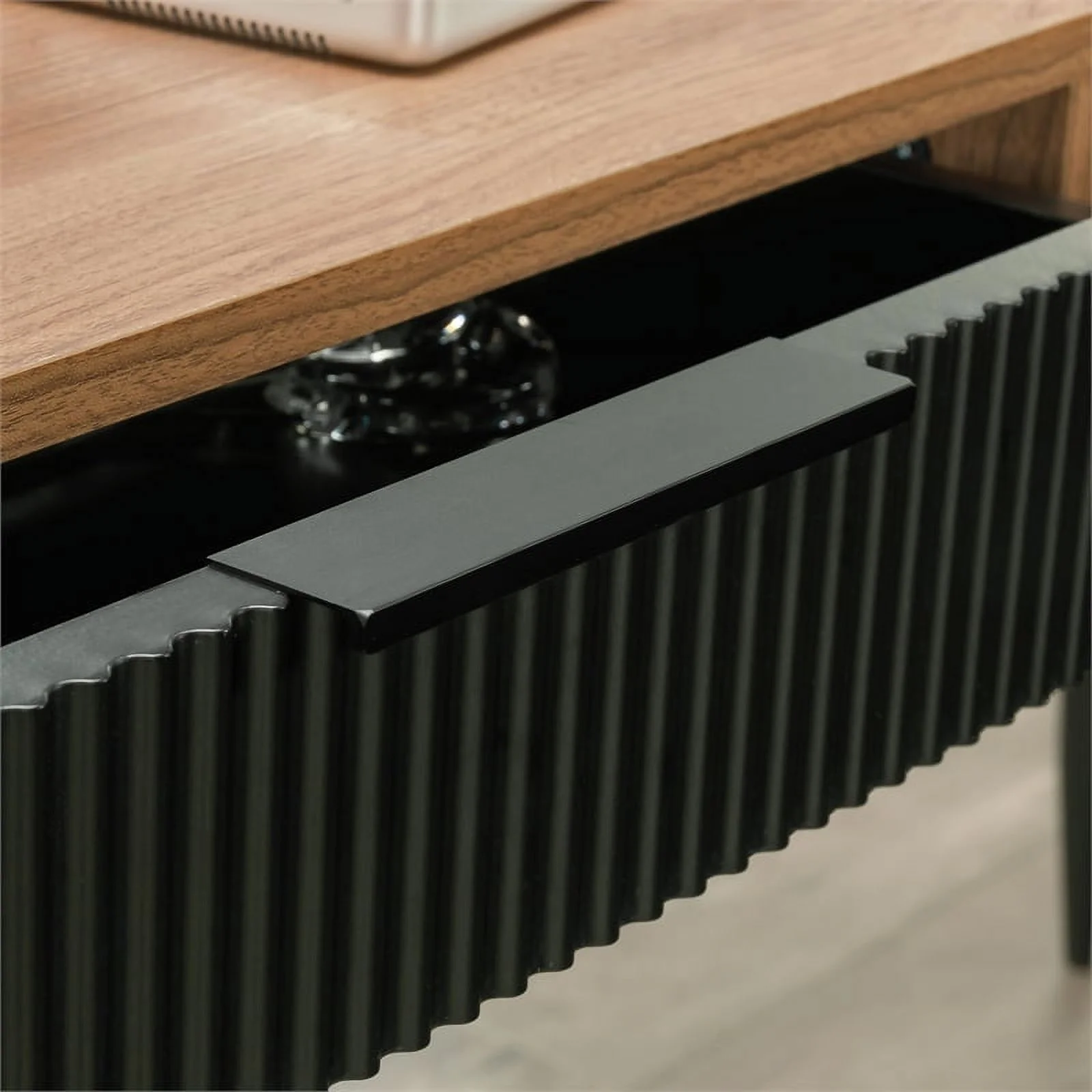 Sauder Ambleside Engineered Wood/Metal L-Desk in Serene Walnut