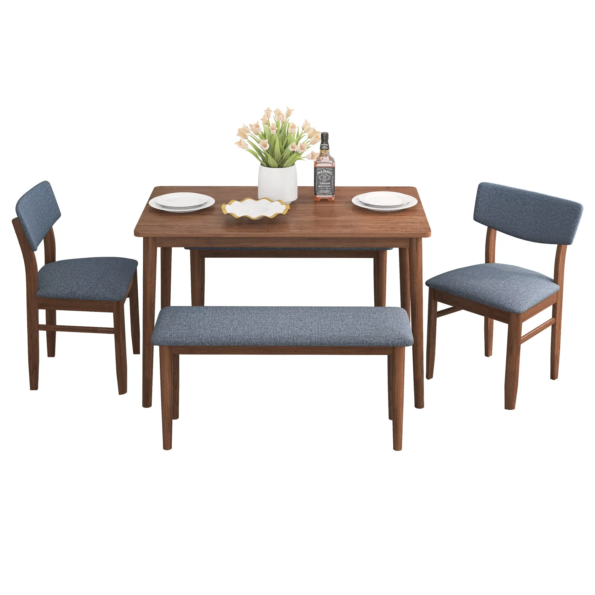 Walnut Retro 5-Piece Dining Table Set with Rubberwood Frame Table and Grey Fabric Cushioned Chair, Space-Saving Design