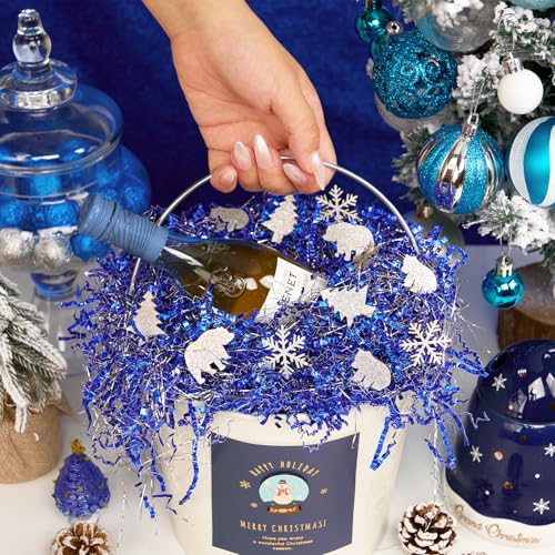 PAPER FAIR 1LB Metallic Red Green Christmas Crinkle Cut Paper Shred Filler w/Tree & Snowflake Confetti, Gift Wrap Packaging Raffia Tissue Strand, Craft Bedding Cushion, Winter Birthday Box Basket