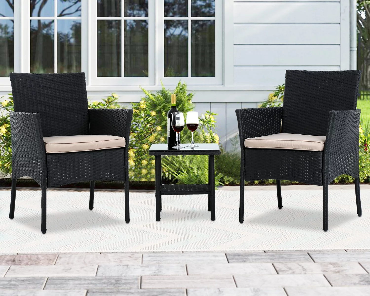 YRLLENSDAN Patio Furniture Sets，3 Pieces Patio Set Rattan Chair Wicker Bistro Set with Glass Table Rattan Chair Sets for Yard Lawn Porch (Black)