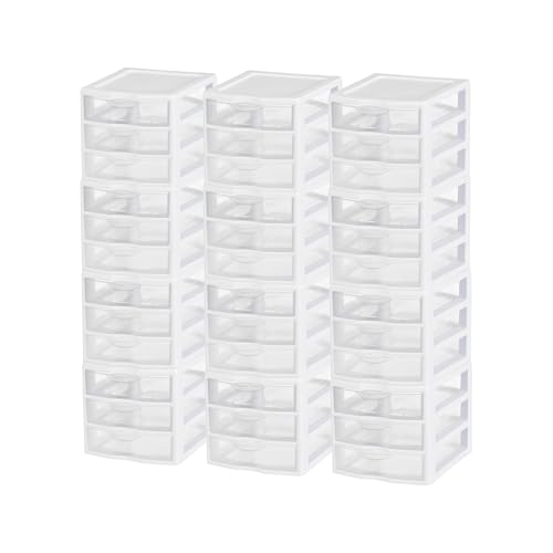Sterilite 6-Pack ClearView 3-Drawer Cart, Small Plastic Storage Organizer Drawers, White - Organizing Drawer Containers for Bathroom, Closet, Kitchen, and Bedroom