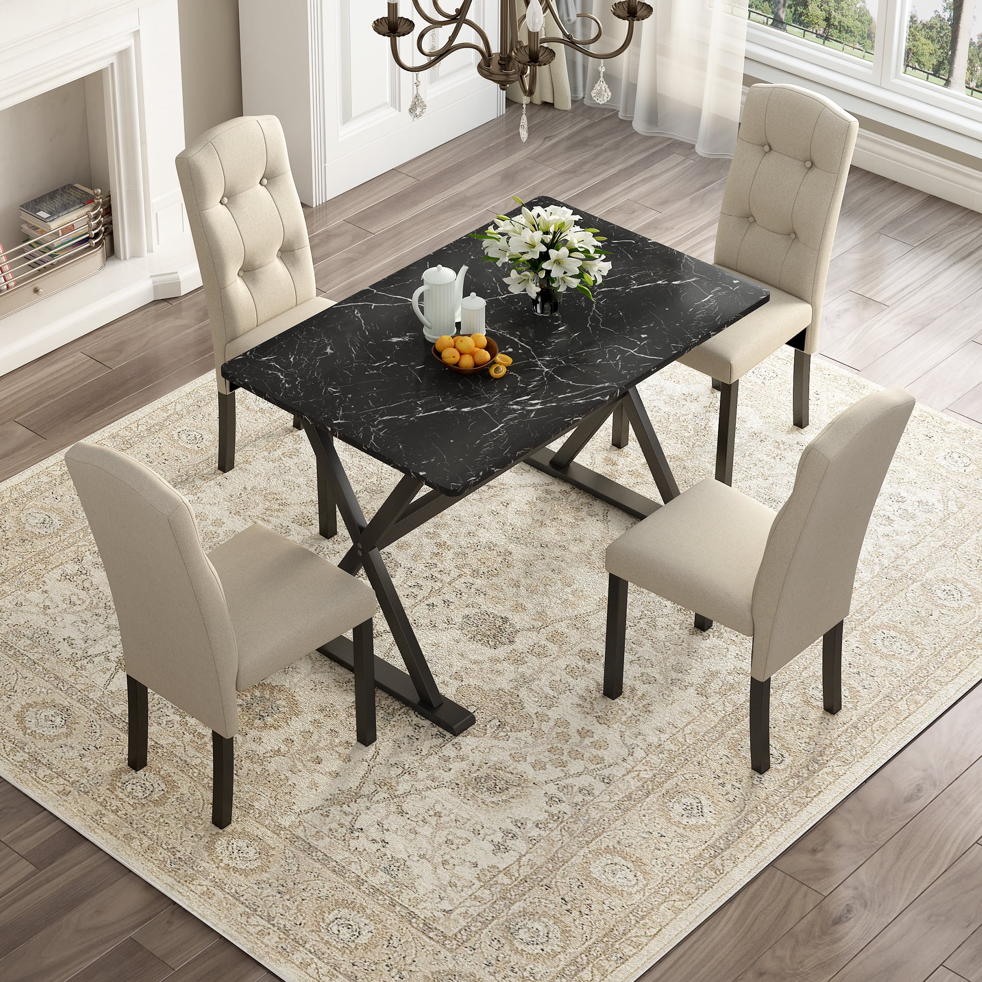 Atumon Dining Room Set for 4, 5 Piece Dining Set with Faux Marble Tabletop and 4 Upholstered Chairs, Wood Farmhouse Dining Room Set, 5 Piece Dining Table Set Furniture for Kitchen Dining Room, Black