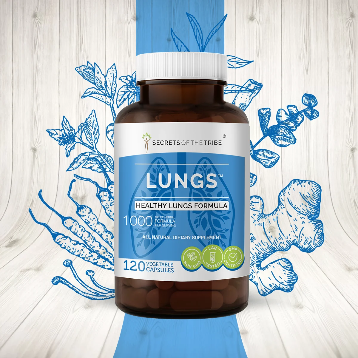 Lungs 120 Capsules, 500 mg, Licorice, Peppermint, Eucalyptus, Lungwort, Cordyceps, Ginger. Healthy Lungs Formula