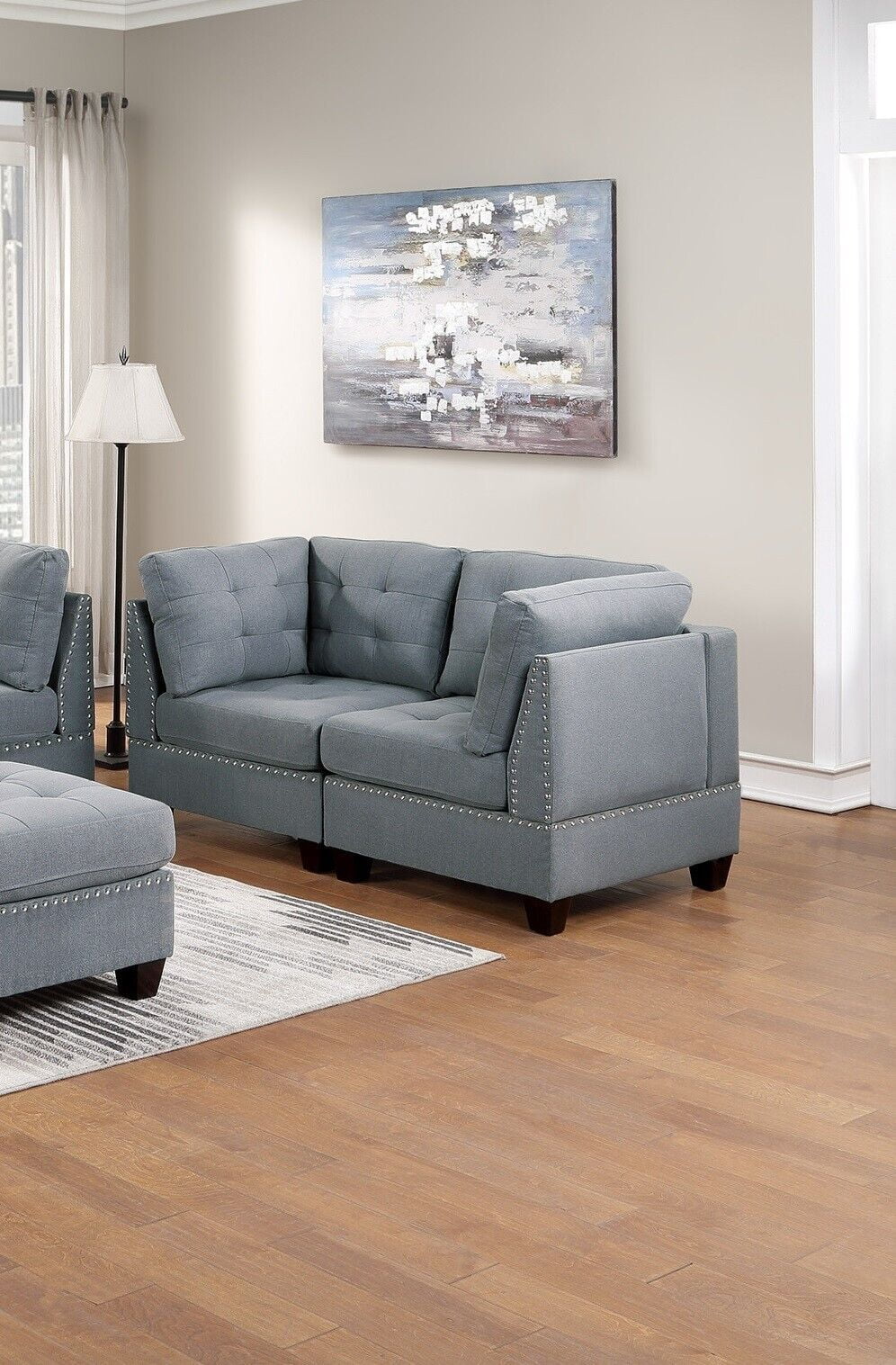 Classic Gray Fabric Tufted Cushion 6pcs Modular Set Sofa Loveseat 4x Corner Wedge Armless Chair Ottoman Plush Couch Living Room