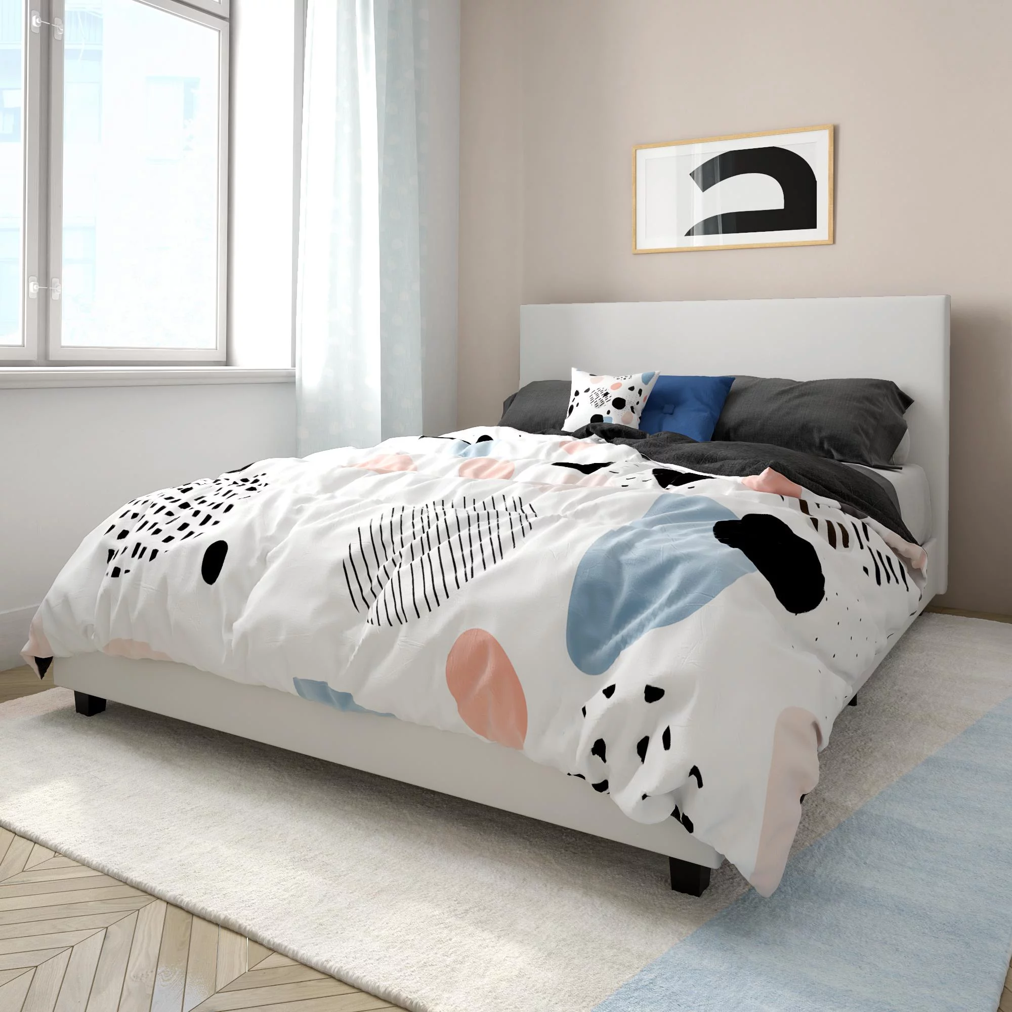 Mainstays Upholstered Platform Bed, Queen Frame, White Faux Leather