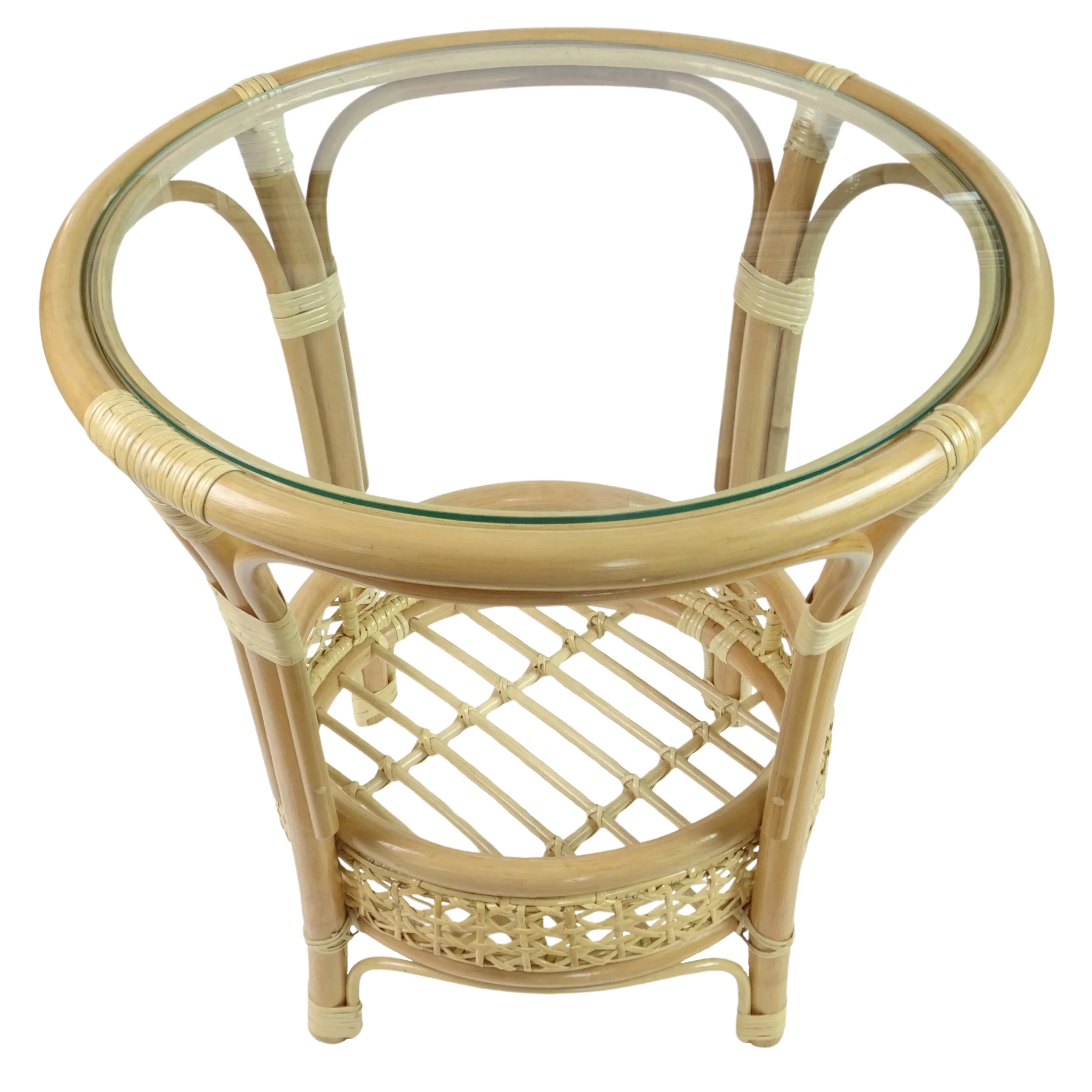 Pelangi Coffee Round Table Natural Rattan Wicker with Glass Top Handmade, Natural