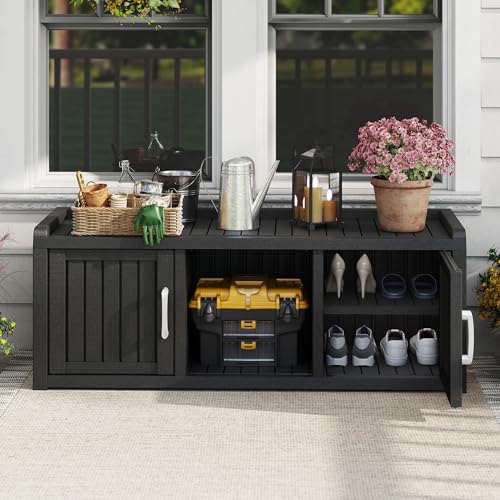 KAMABOKO Shoe Storage Cabinet Waterproof UV-Resistant, Entryway Storage Bench Indoor Outdoor with 2 Doors, Adjustable Shelves for Entryway, Bedroom, Hallway,Living Room(Grey)