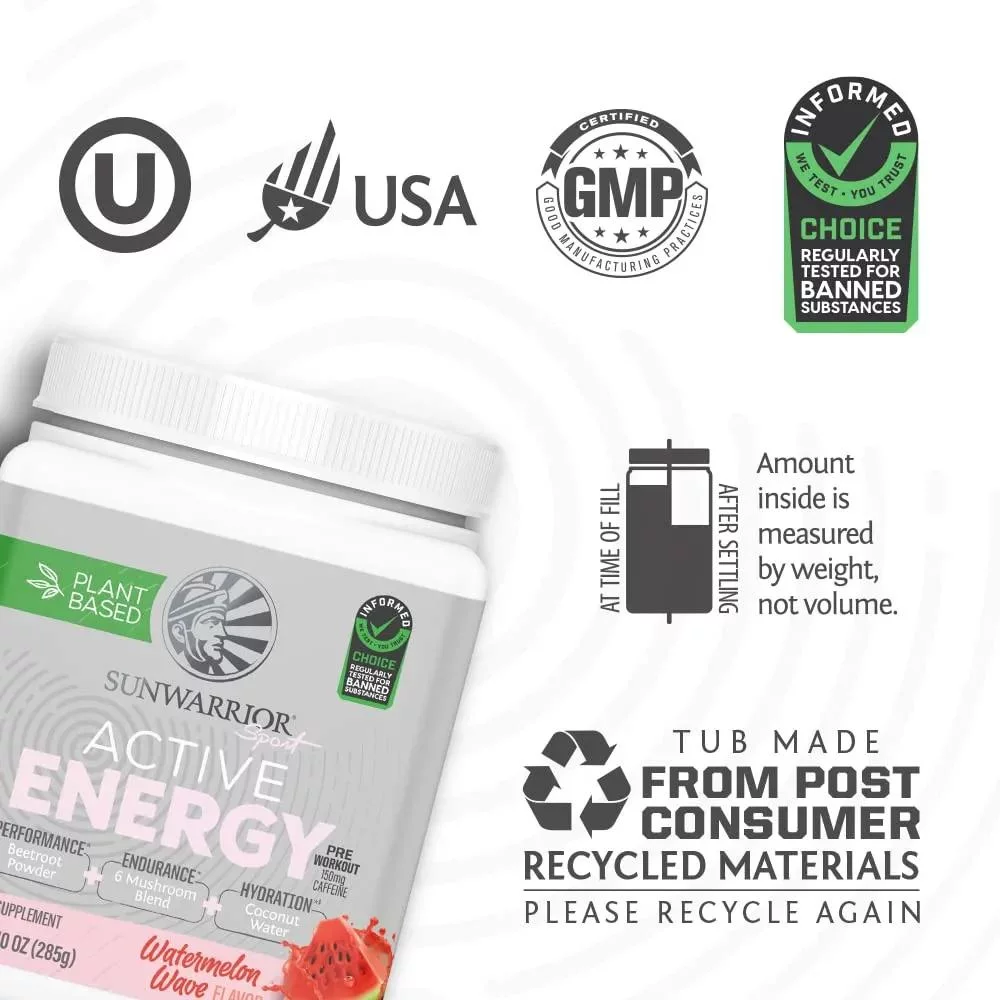 Sunwarrior Sport Vegan Preworkout Powder | Active Energy Mix, Watermelon Wave, 285g