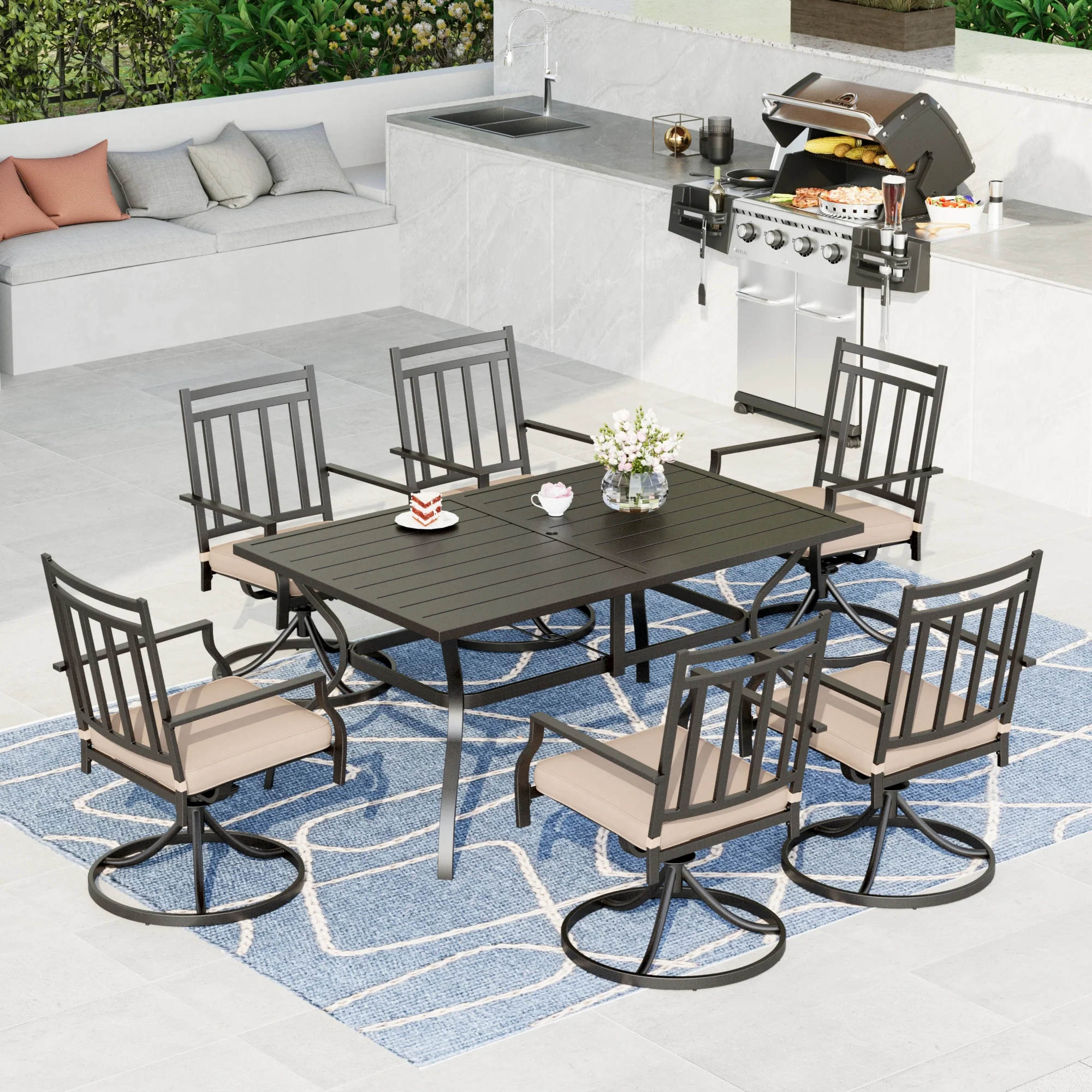 MF Studio 7-Piece Outdoor Dining Set with Swivel Cushioned Chairs & Rectangle Table for 6-Person, Black & Beige
