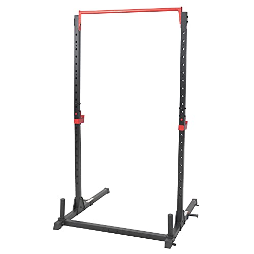 Sunny Health & Fitness Power Cage and Squat Rack In High Weight Capacity with J-Hooks, Adjustable Pull Up Bar, Weight Plate Holders, Resistance Band Posts