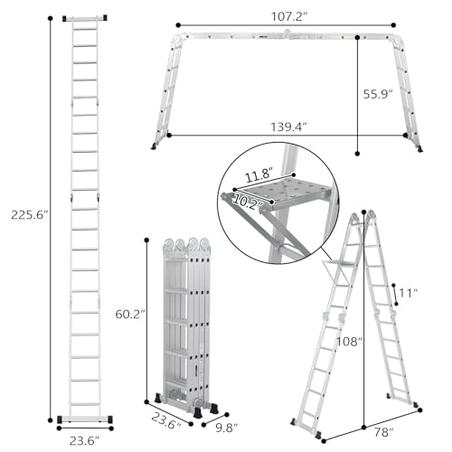 LUISLADDERS Folding Ladder Multi-Purpose Aluminium Extension 7 in 1 Step Heavy Duty Combination EN 131 Standard (12.5 Feet)