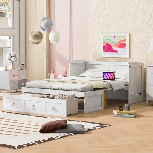Harper & Bright Designs Queen Size Murphy Bed with USB Charging Station/Large Drawer, Wood Queen Size Bed Wall Bed with Storage, Cube Cabinet Bed for Home Office Guest Room Bedroom,White