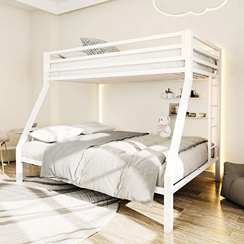 ikalido Metal Loft Bunk Bed Twin Over Twin Size with Safety Guardrail and Ladder, No Box Spring Needed Space Saving Bedroom Furniture, Cream White