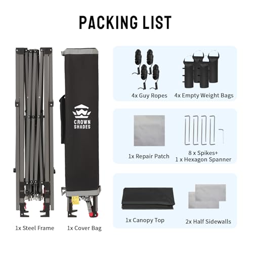 CROWN SHADES 10x10 Pop up Canopy Tent Instant Canopy with 150D Silver Coated Fabric Including 2 Half Sidewalls, 4 Ropes, 8 Stakes, 4 Weight Bags, STO 'N Go Bag, Grid Grey