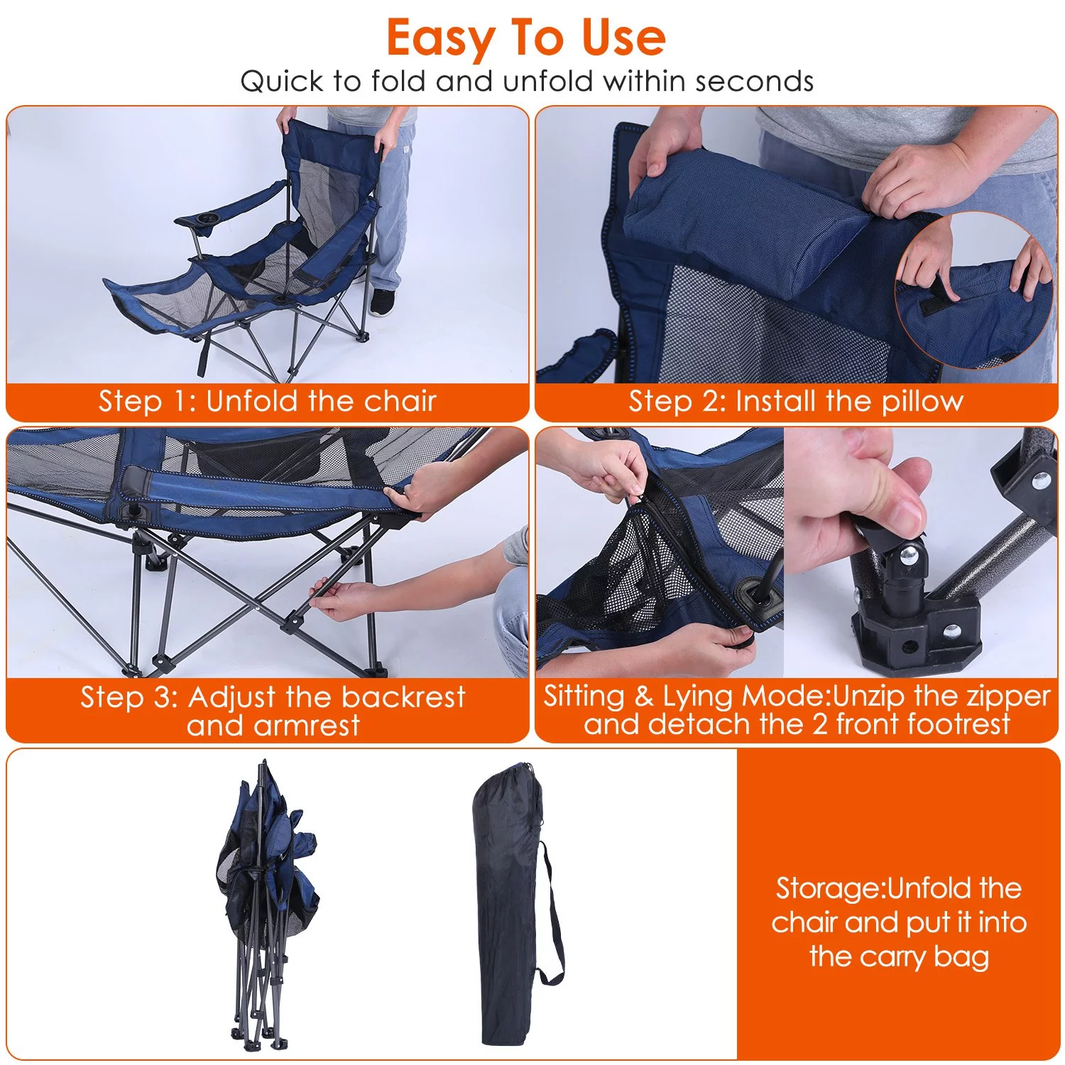 Reclining Camping Chair, iMounTEK Heavy Duty Steel Lawn Chair with Cup Holder Pillow Side Pocket Carry Bag, 330lbs Capacity